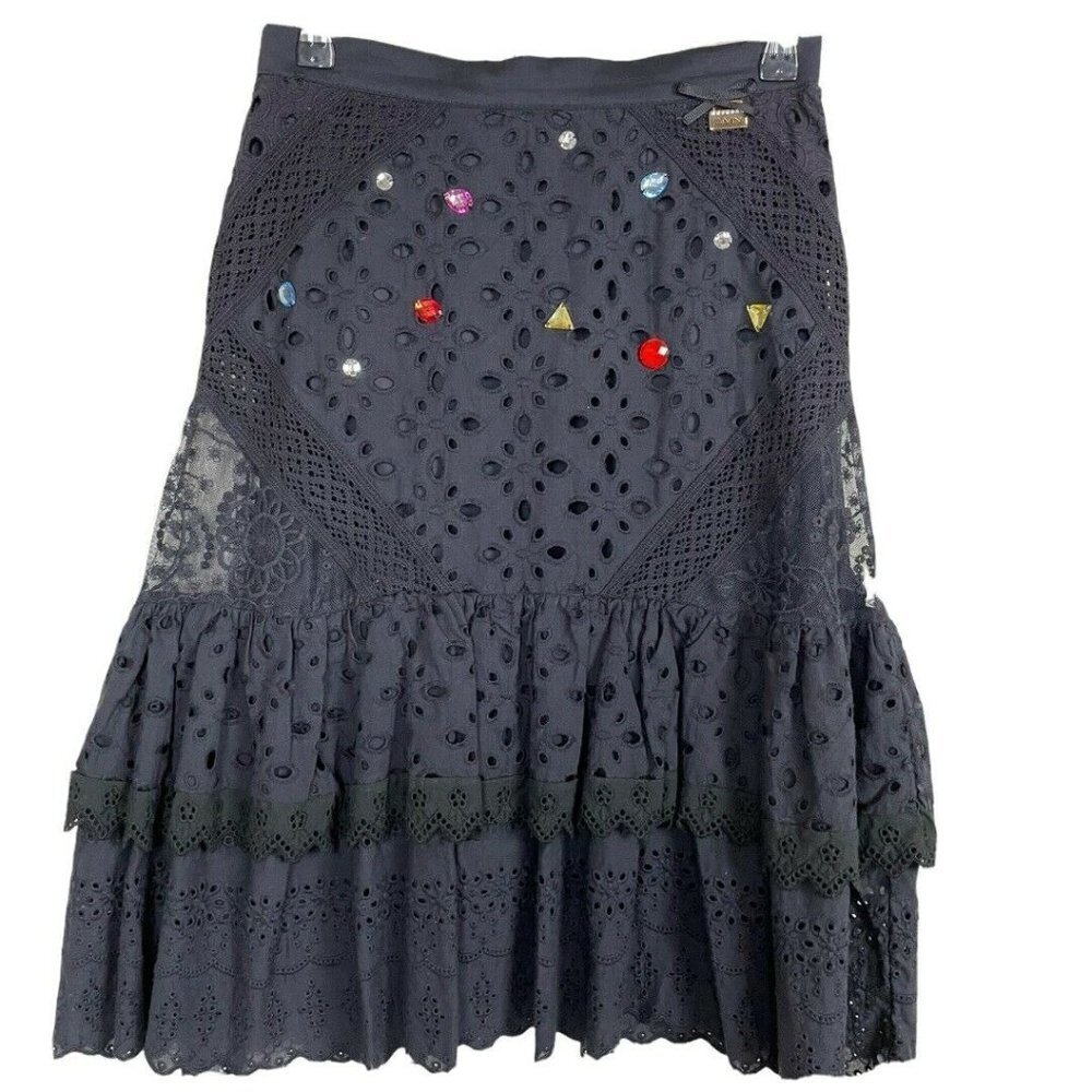 AMN Madness National Black Lace Midi Skirt Womens 26 Jewel Goth Glam Whimsigoth